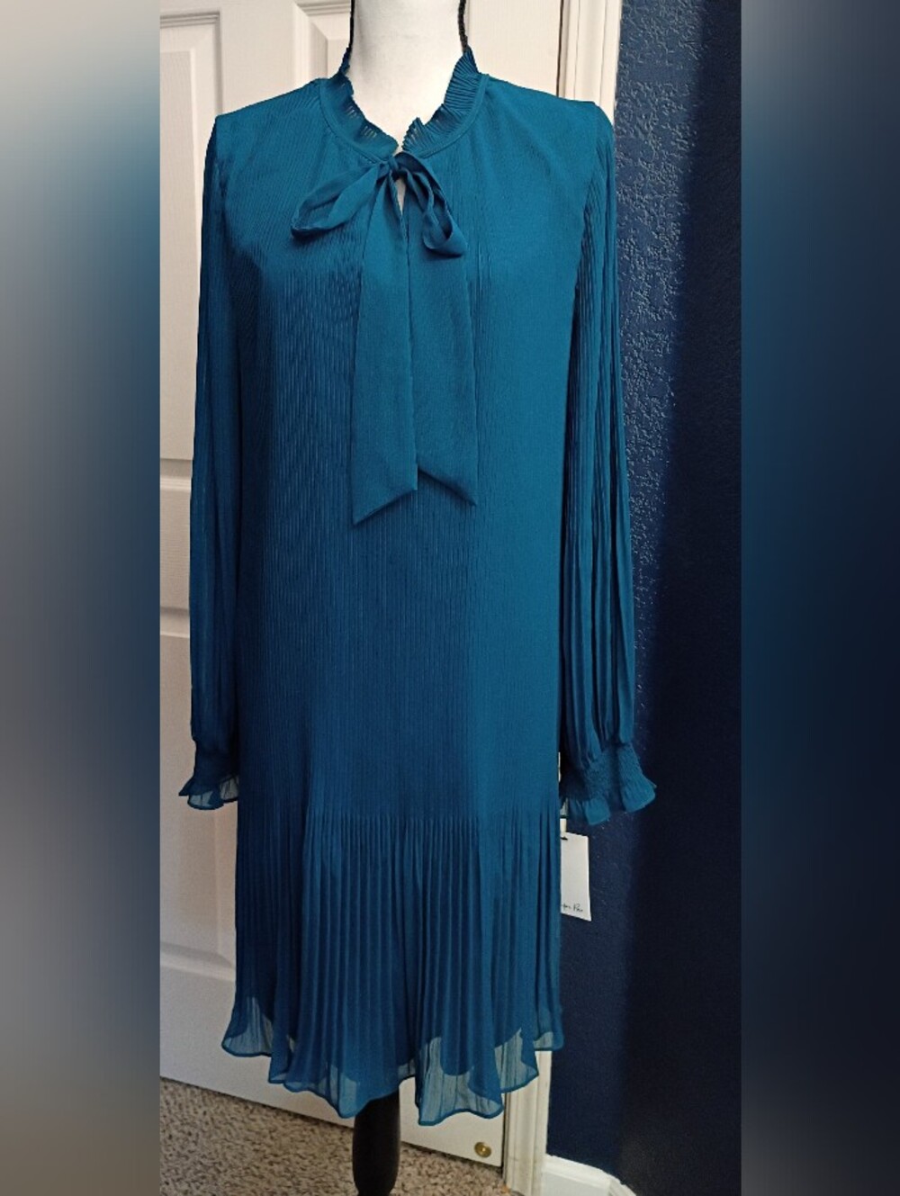 Pleated Teal Long-Sleeve Tie-Neck Dress